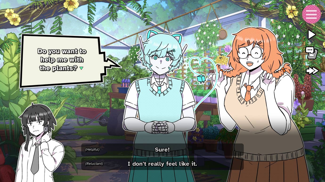 A girl asks if you want to help with the plants, while standing in a greenhouse, in I Just Want to be Single!!